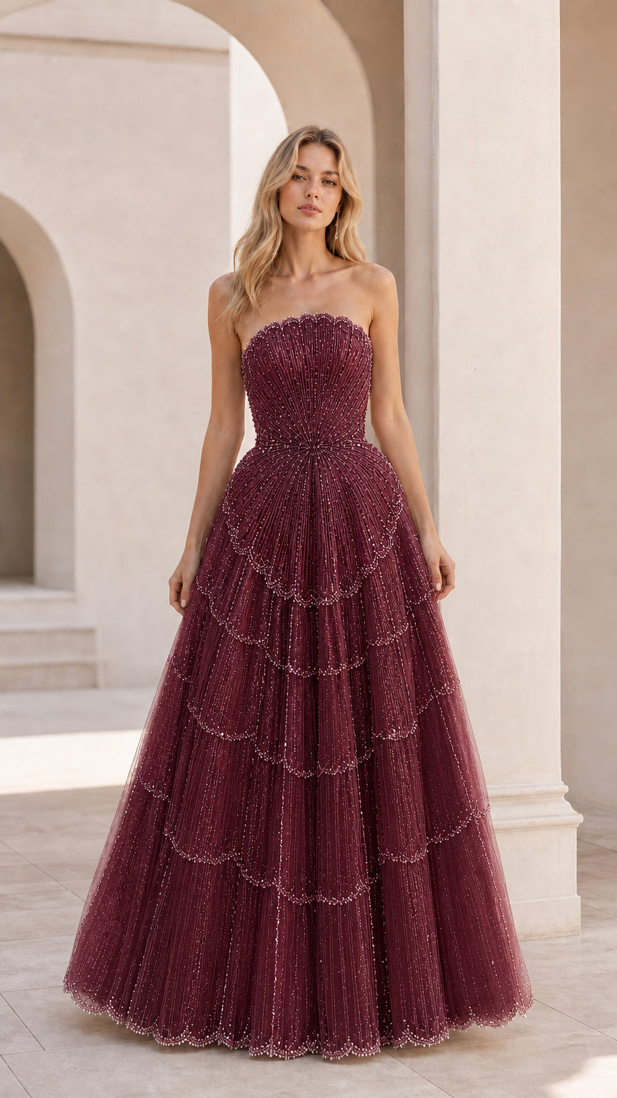 Front view of burgundy strapless tiered evening gown