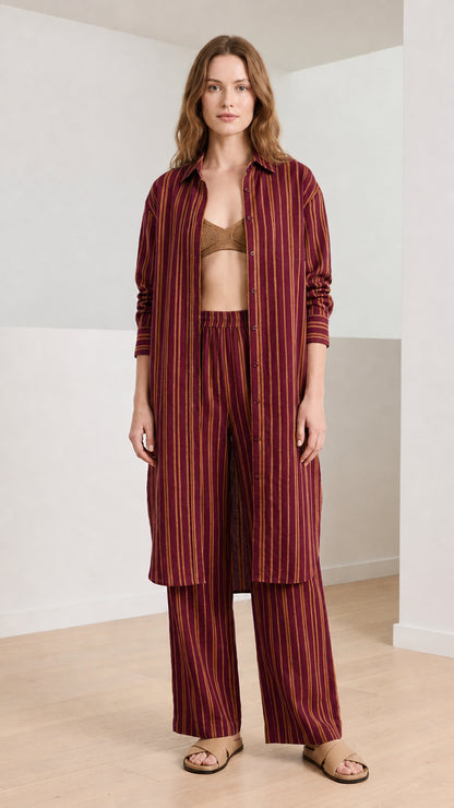 Woman wearing burgundy striped coordinate set