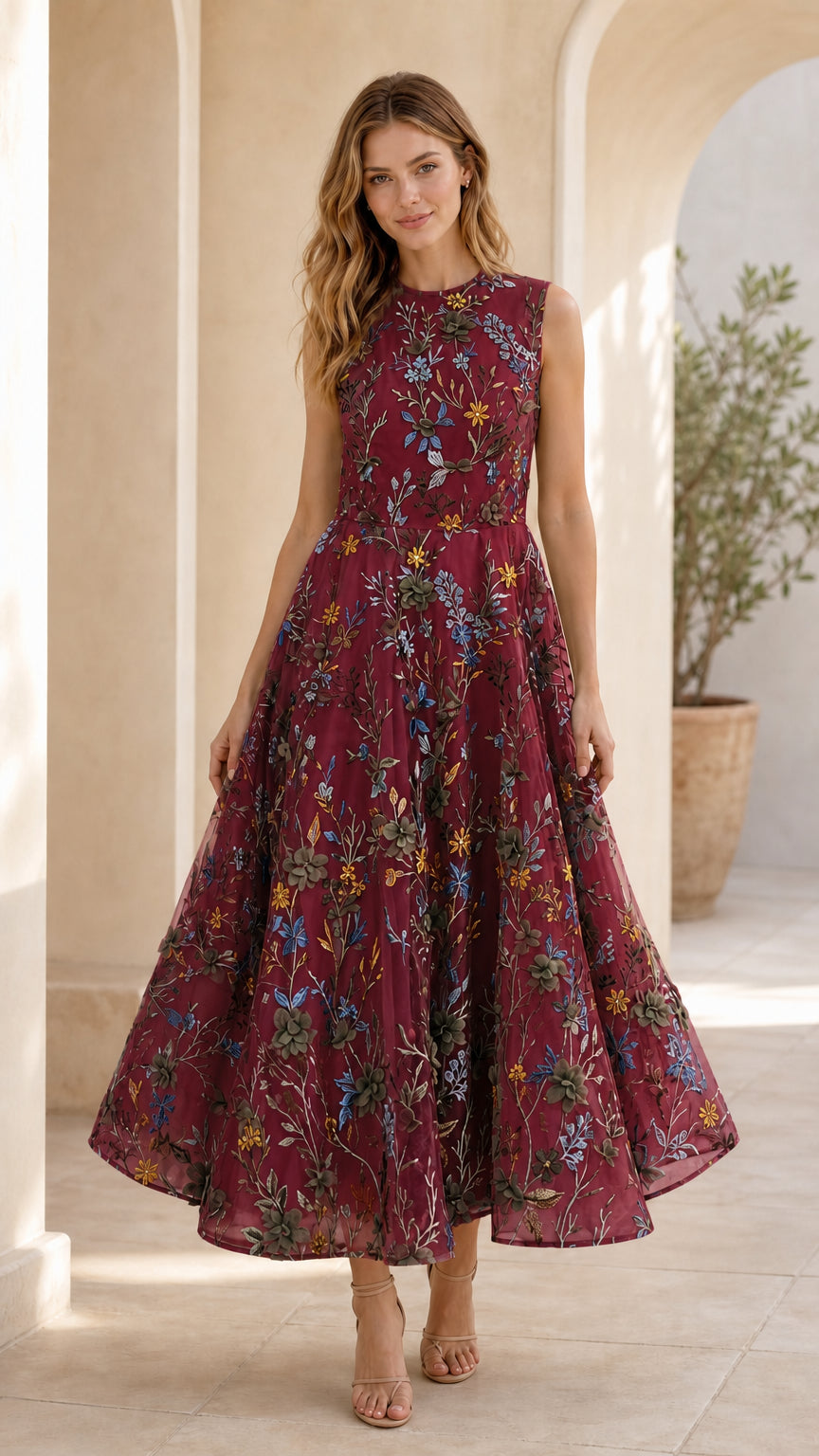 Burgundy floral embroidered midi dress front view