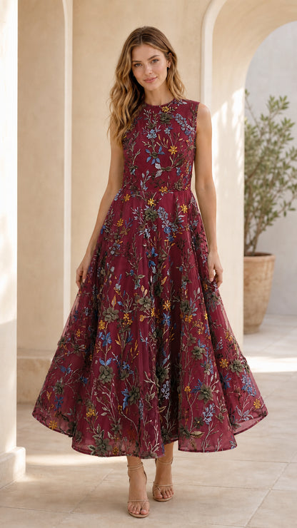 Burgundy floral embroidered midi dress front view