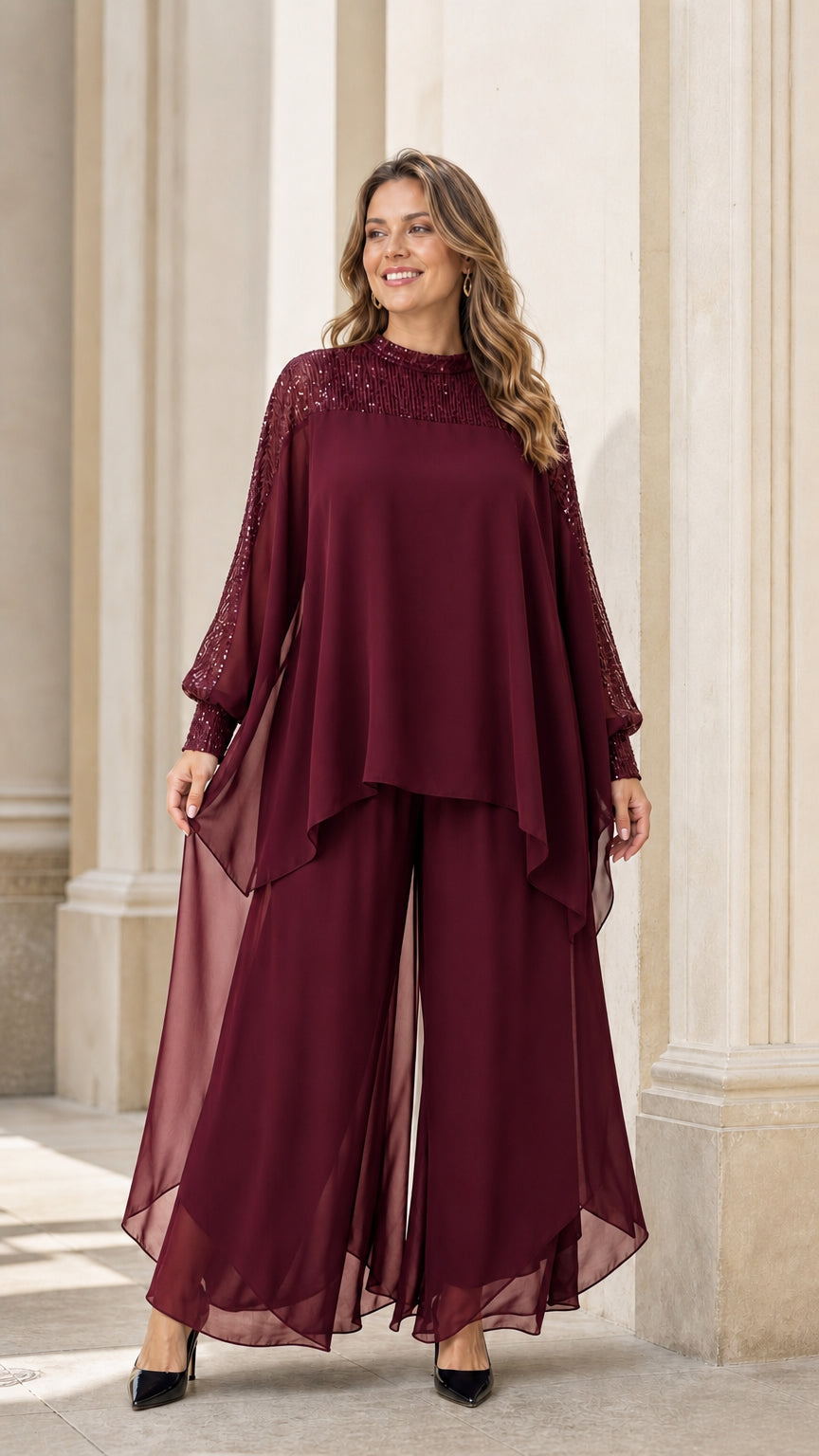 Model wearing burgundy two-piece chiffon set