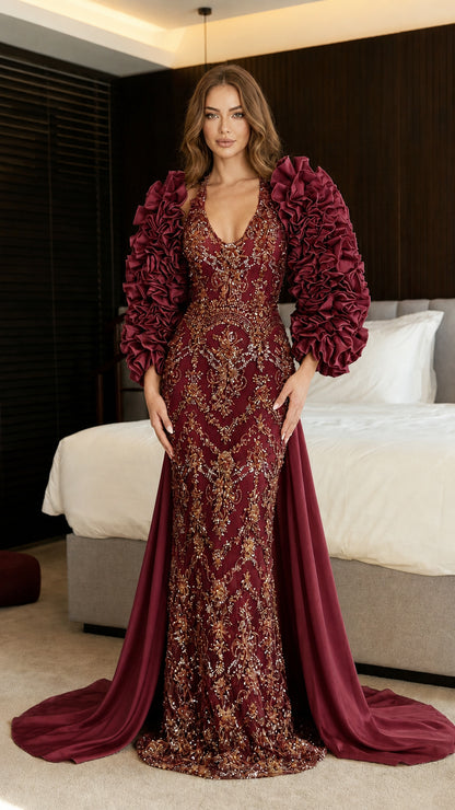 Front view of burgundy evening gown with deep red tones