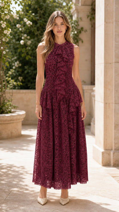 Front view of model wearing burgundy lace maxi dress