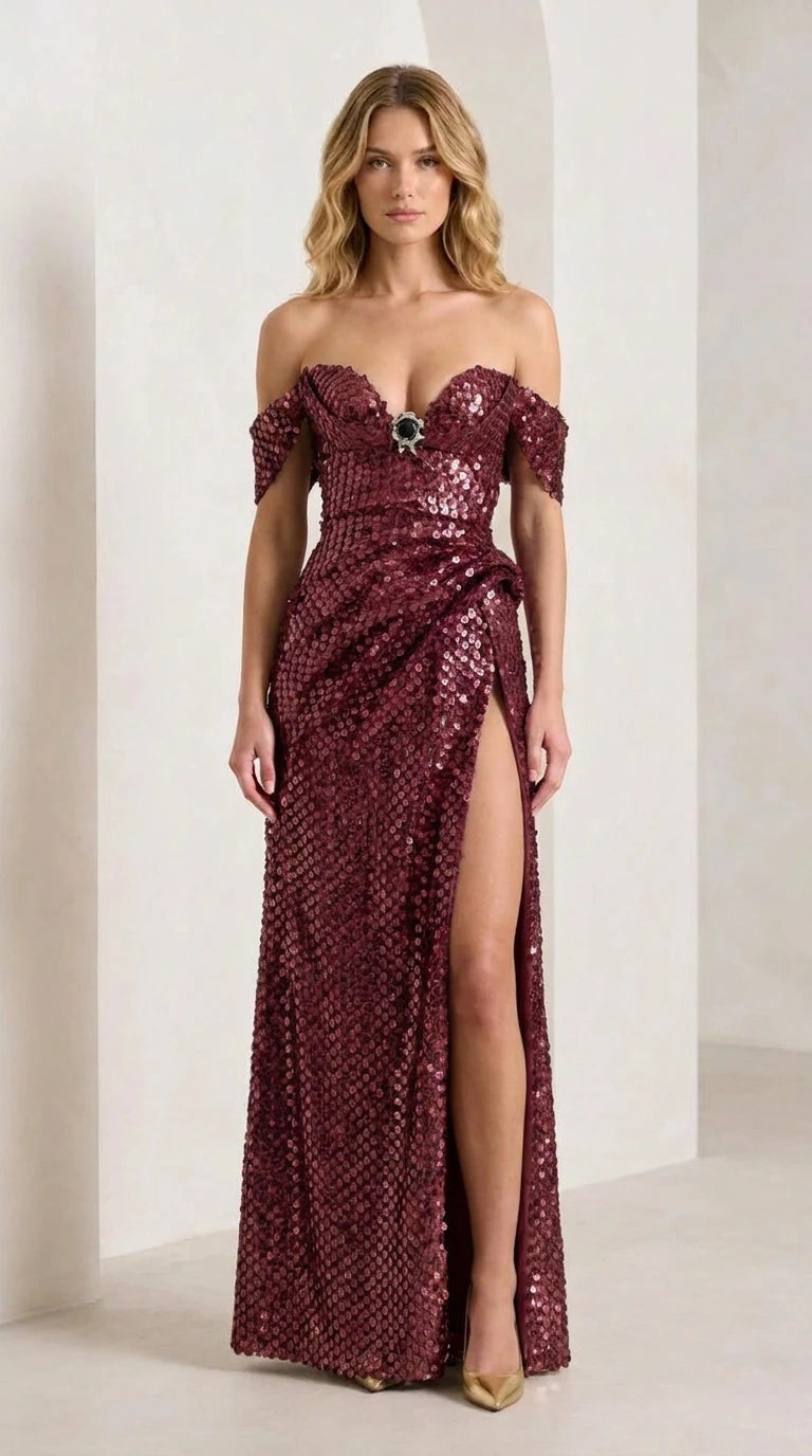 Front view of model wearing burgundy sequin evening gown