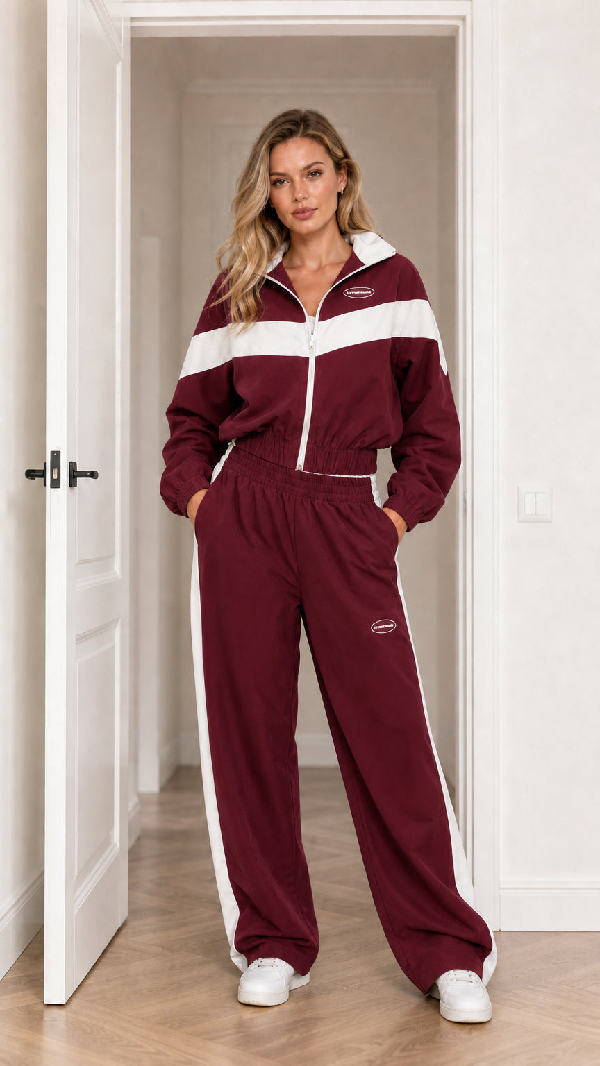 Model wearing Burgundy colorblock two-piece sporty loungewear set
