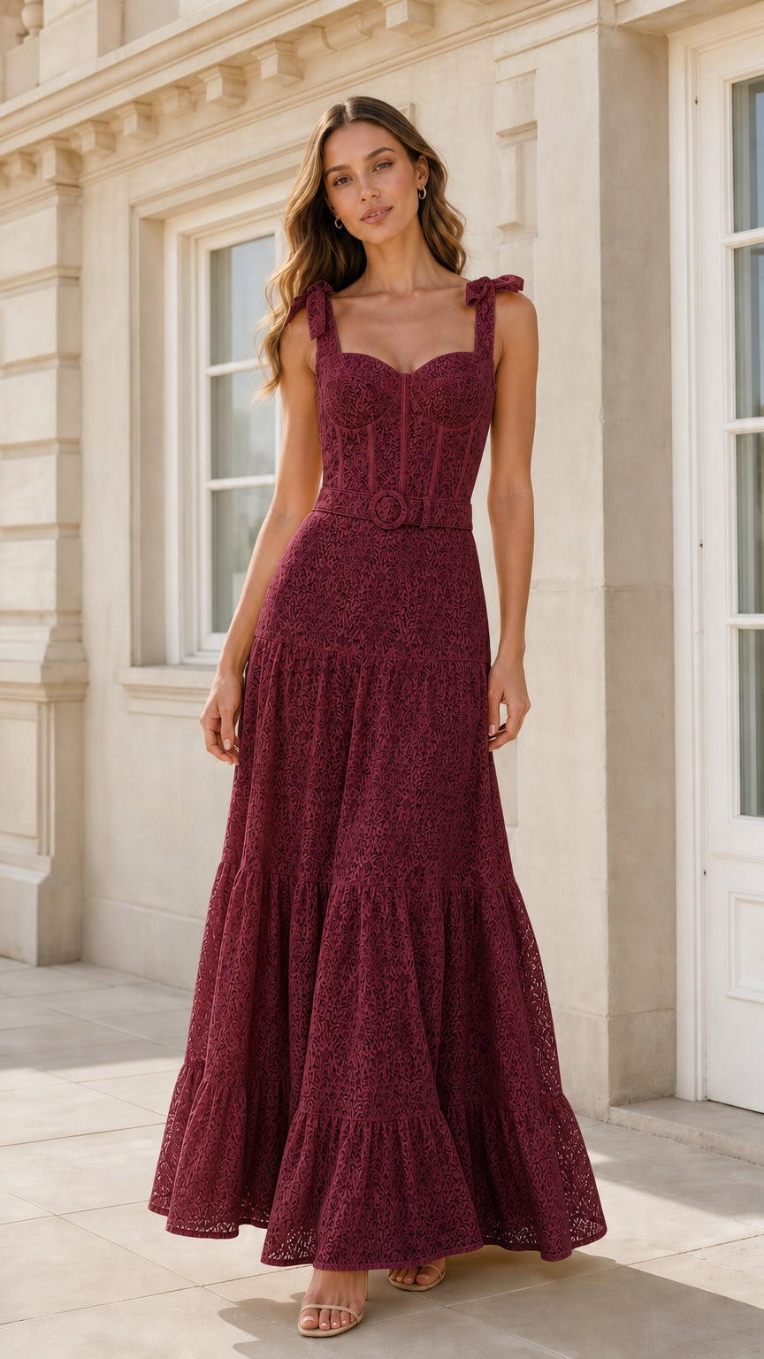 Front view of burgundy lace tiered maxi dress
