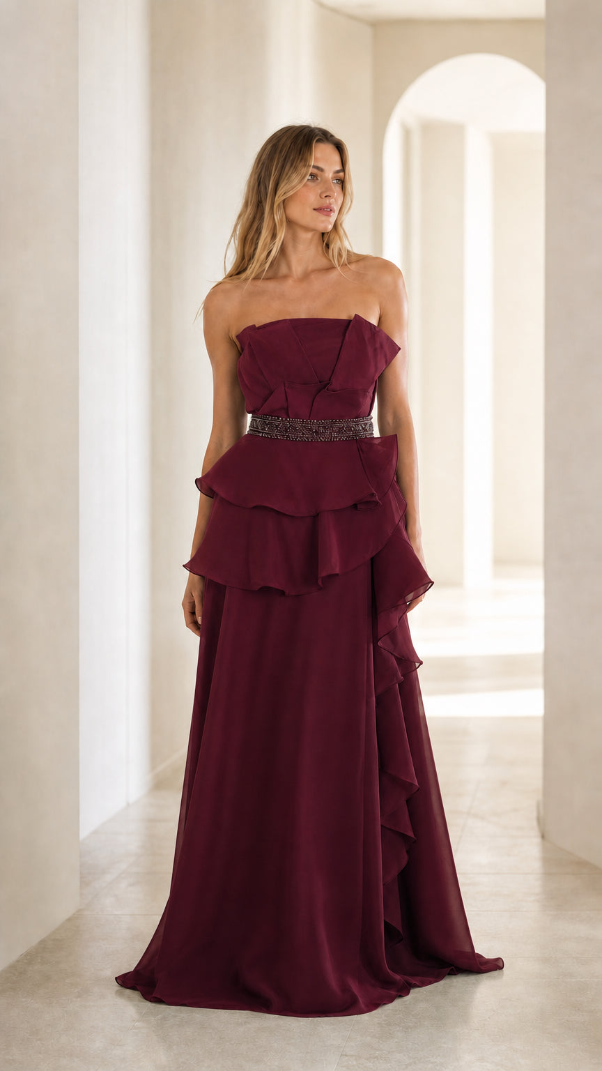 Front view of burgundy evening gown