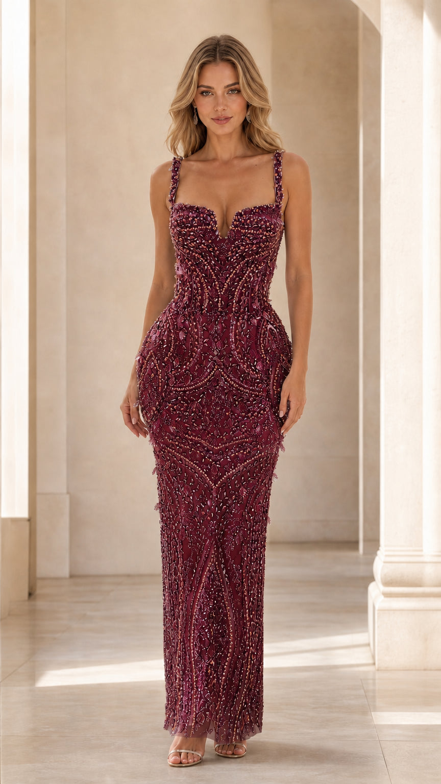 Model wearing rich burgundy beaded floor-length gown