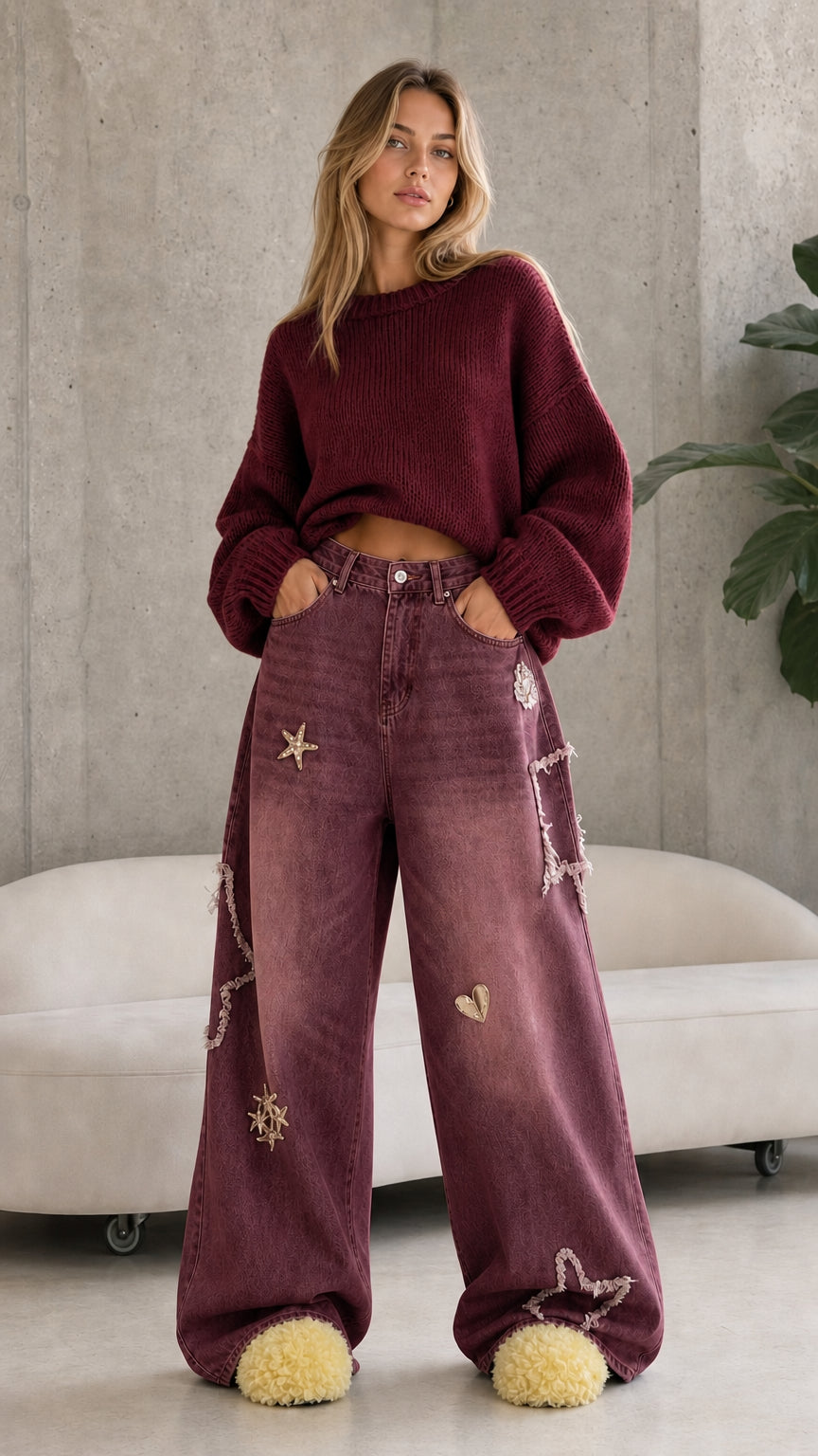 Full front view of washed burgundy star embroidered wide leg baggy jeans