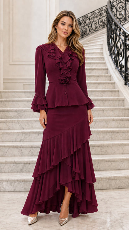 Full view of burgundy ruffled two-piece maxi dress set