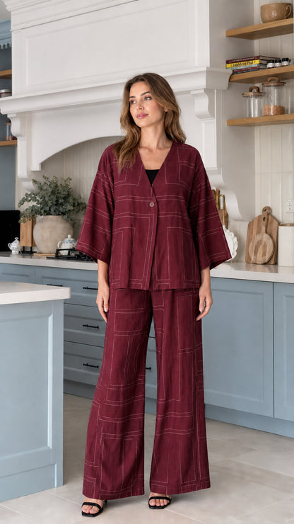 Model wearing Burgundy wine 2-piece wide-leg lounge set