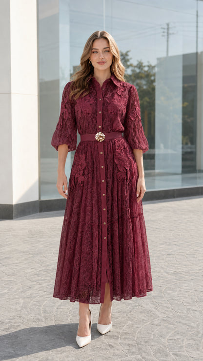 Front view of burgundy red floral lace midi shirt dress with gold buckle belt