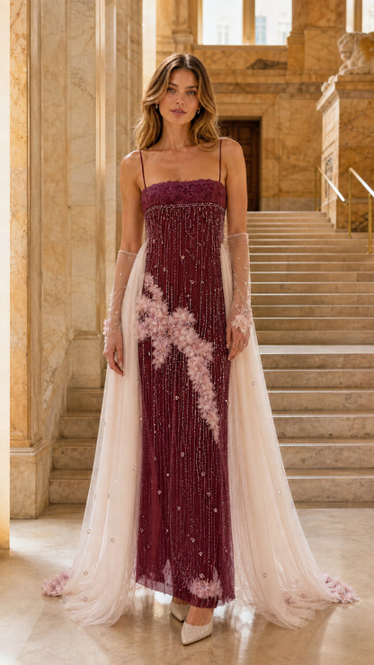 Burgundy embellished floor-length evening gown with blush floral appliqué