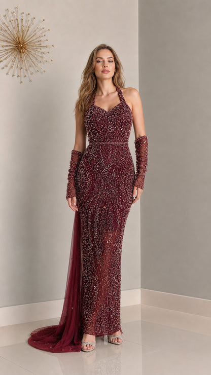 Front view of burgundy embellished evening gown