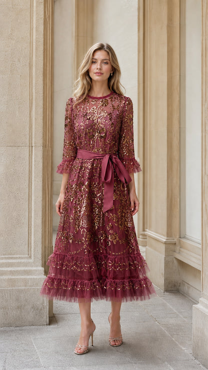 Front view of burgundy sequin embroidered tulle midi dress
