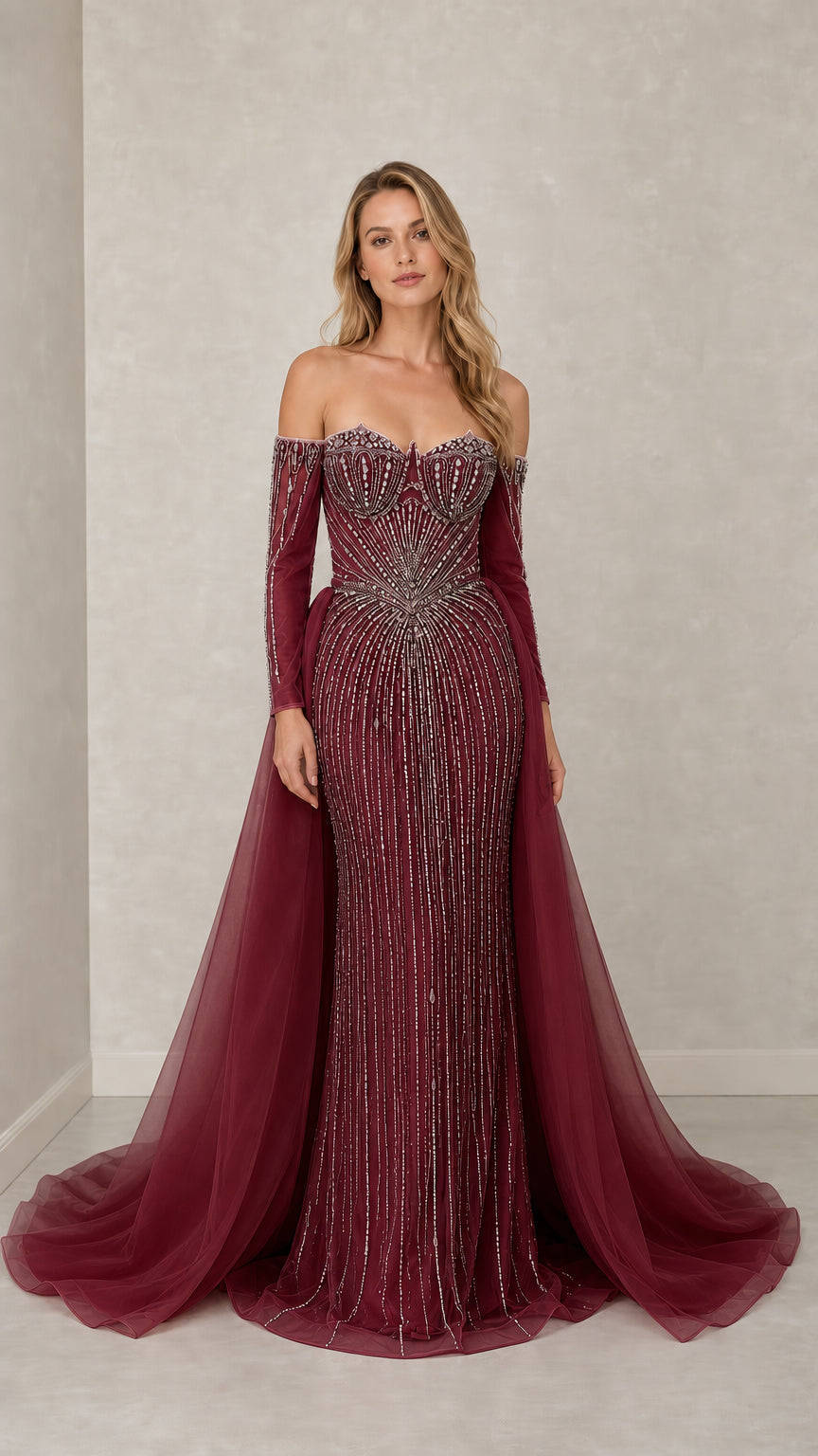 Front view of burgundy variant beaded evening gown