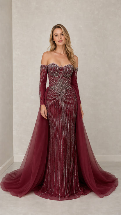 Front view of burgundy variant beaded evening gown