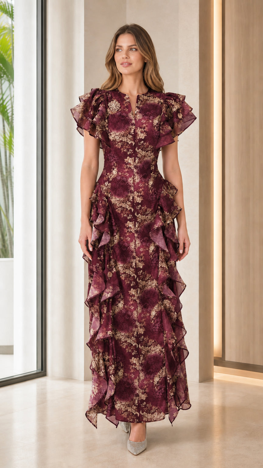 Front view of burgundy floral print ruffle maxi dress