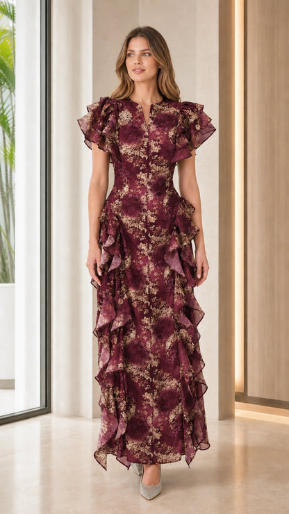 Front view of burgundy floral print ruffle maxi dress