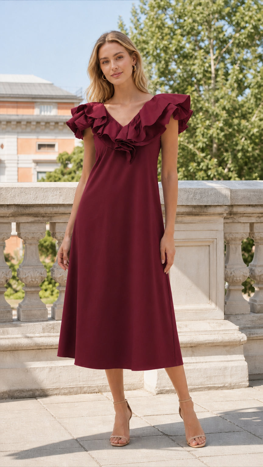 Full length view of burgundy ruffled midi dress