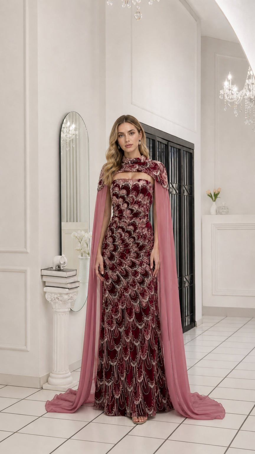Front full view of burgundy color variant with cape