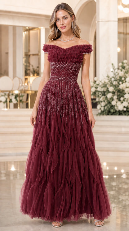 Full length view of burgundy color variant evening gown