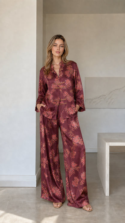 Model wearing burgundy red floral satin mandarin collar pajama set