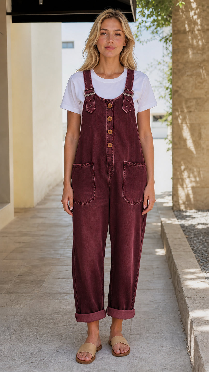 Front view of model wearing burgundy denim overalls