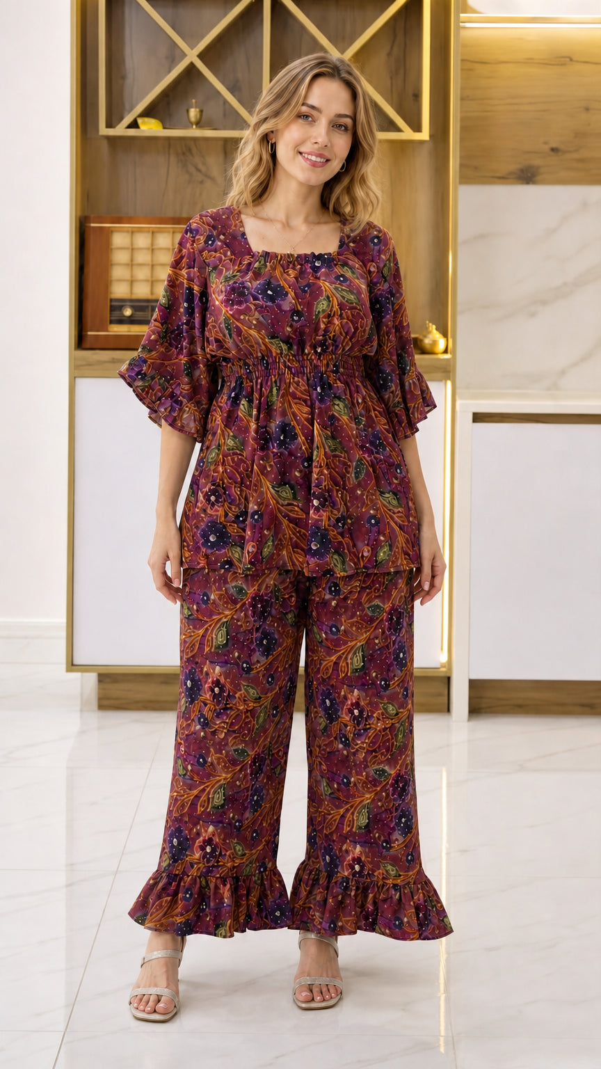 Front view of woman wearing Burgundy wine floral 2-piece ruffle pant set