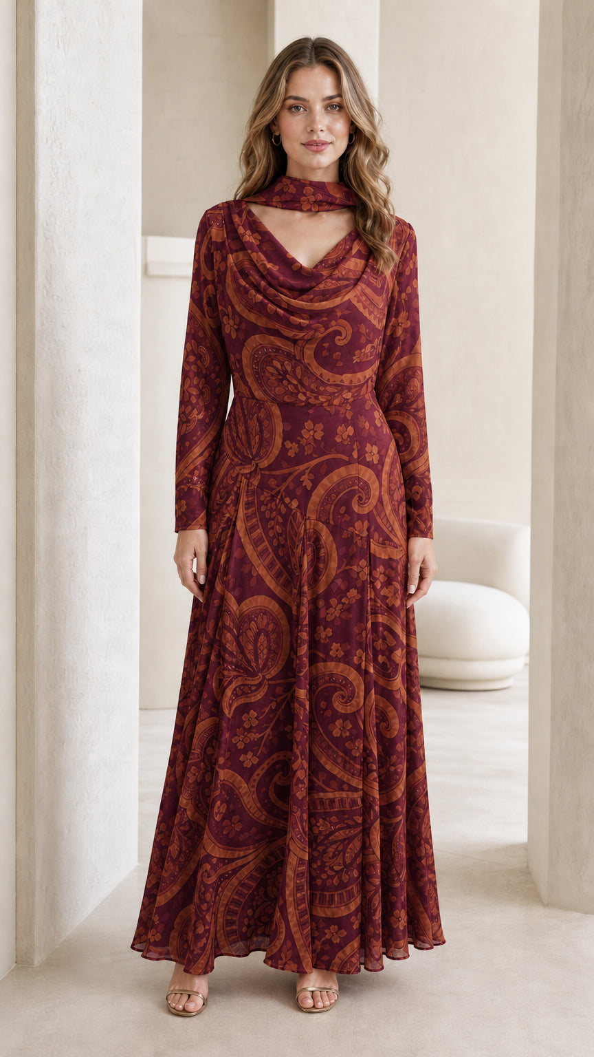 Model wearing burgundy paisley long-sleeve maxi dress