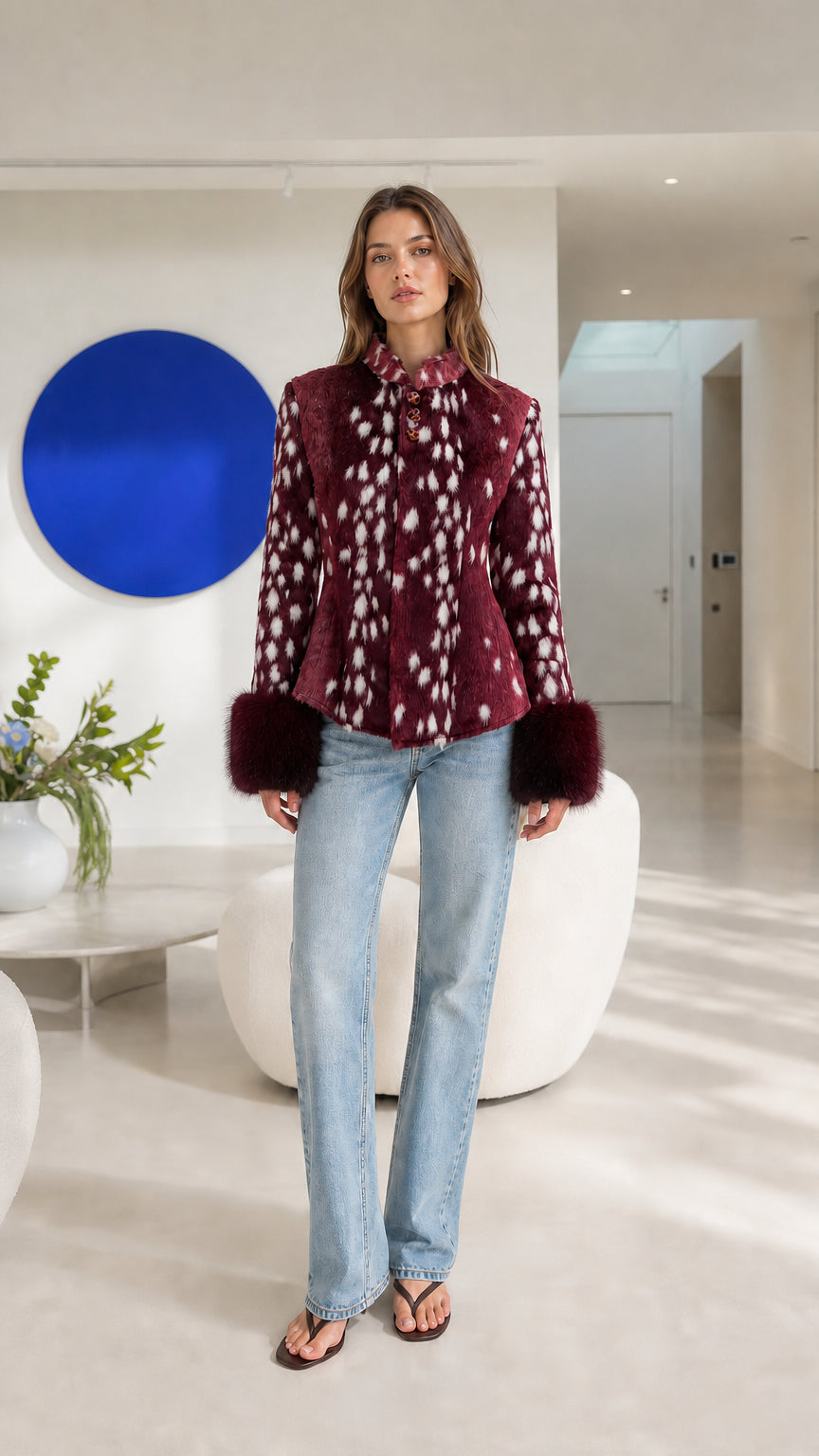Model wearing burgundy faux fur fawn-print jacket