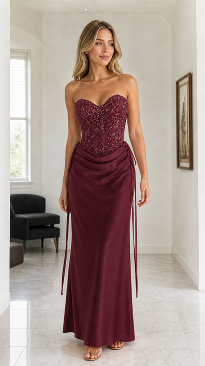 Burgundy variant of the sequin corset satin maxi dress