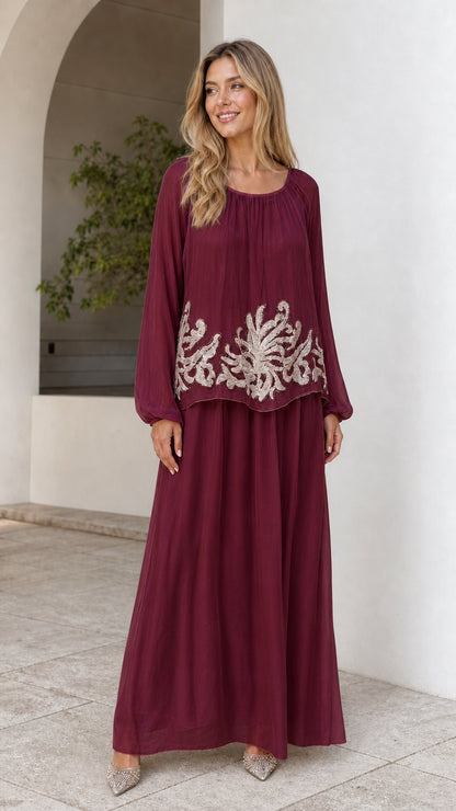 Burgundy wine red embroidered overlay evening gown
