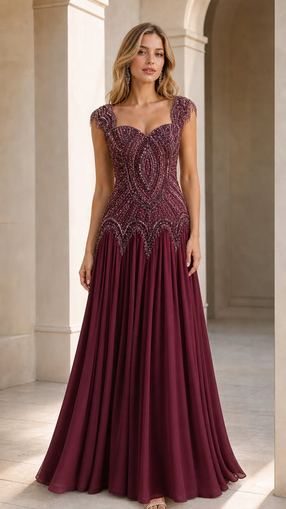 Burgundy beaded floor-length evening gown