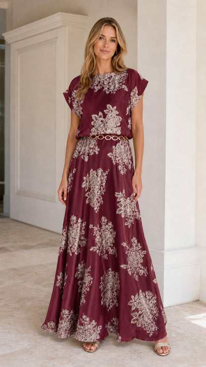 Model wearing Burgundy floral embroidered maxi dress