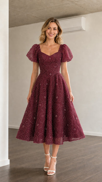 Front view of burgundy puff sleeve midi dress