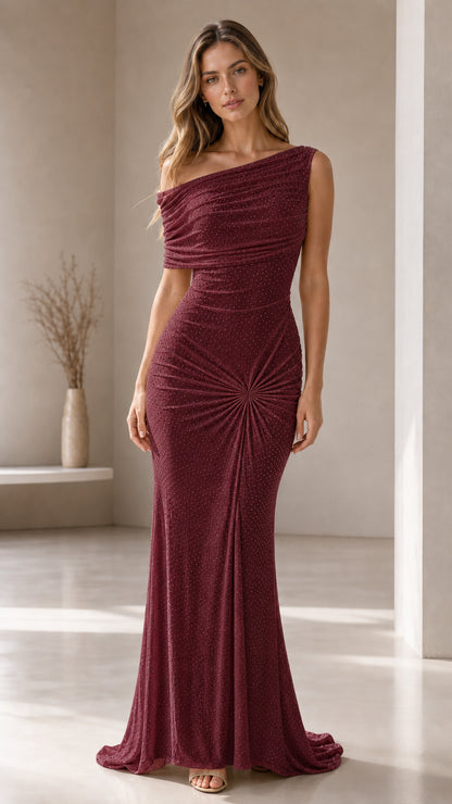 Burgundy wine one-shoulder ruched formal maxi gown