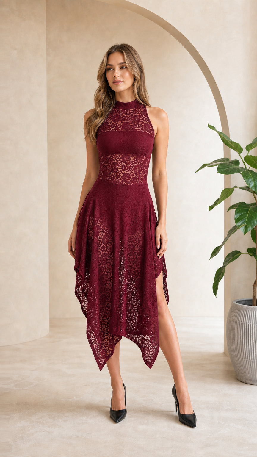 Elegance Mock Neck Lace Hem Asymmetric Midi Dress in Burgundy