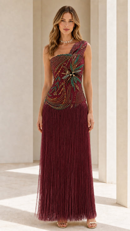 Front view of model wearing burgundy colorway evening dress
