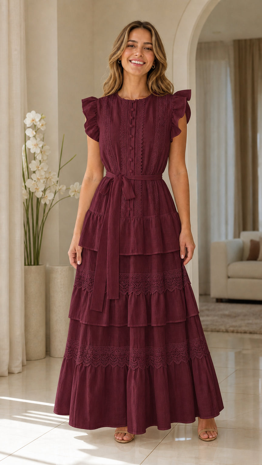 Woman wearing burgundy ruffle sleeve tiered maxi dress