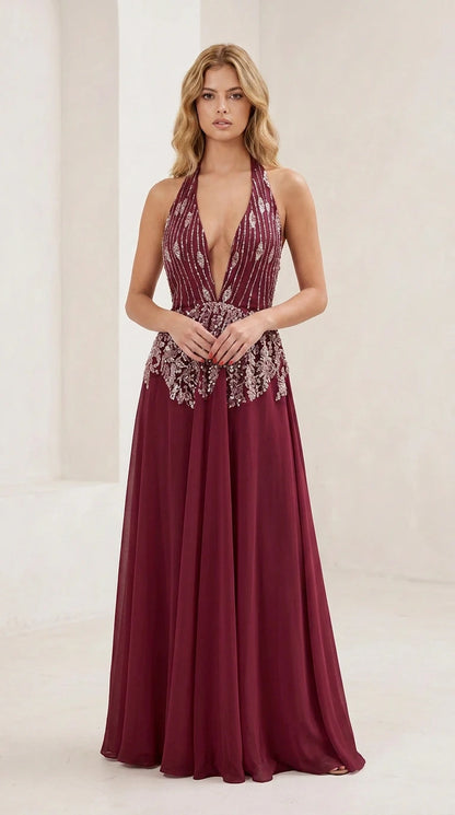 Front view of burgundy evening gown variant