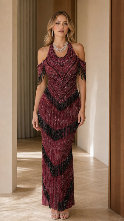 Model wearing burgundy sequin beaded evening gown