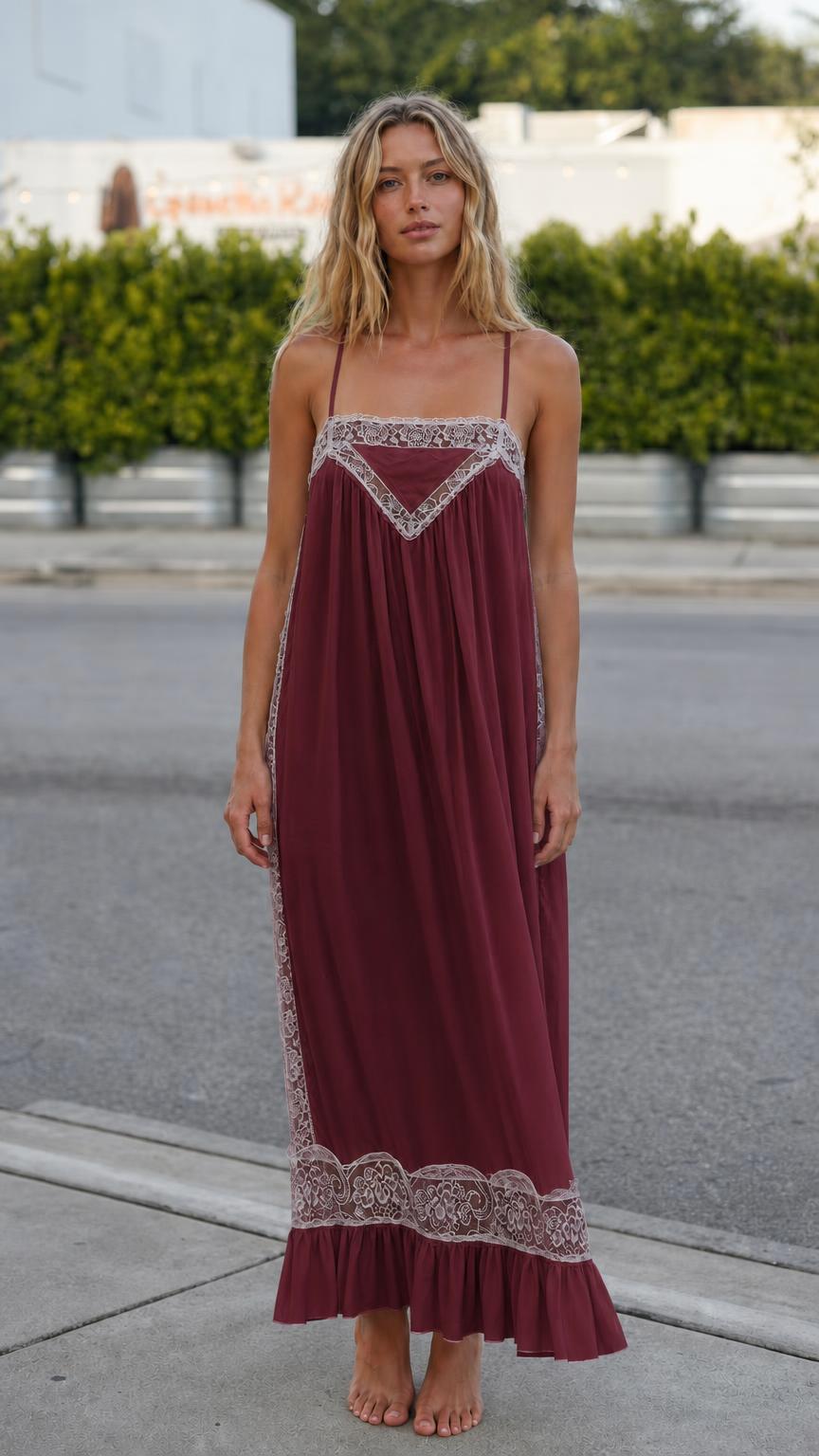 Front view of model wearing burgundy bohemian maxi slip dress