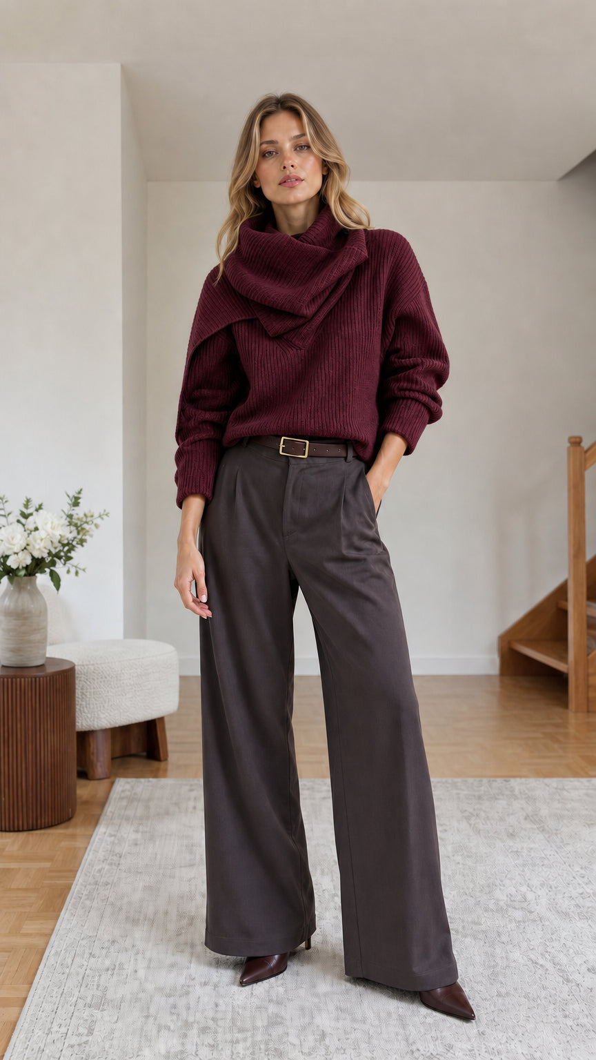 Woman wearing burgundy wine red drape neck ribbed knit sweater