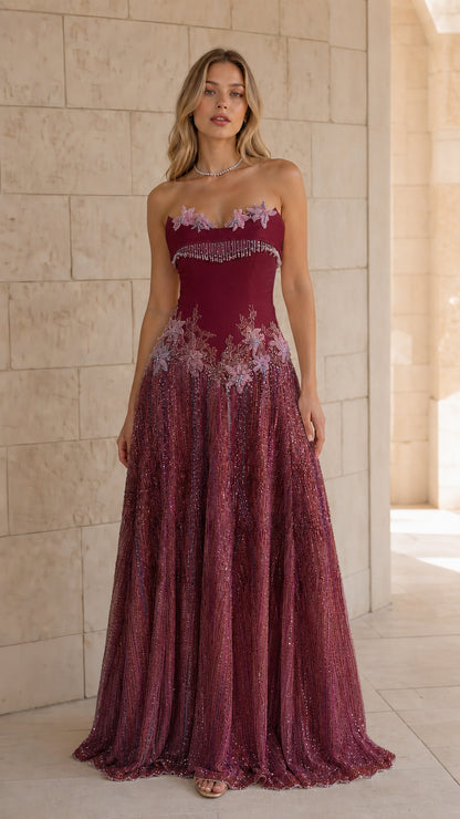 Front view of burgundy color variant evening dress