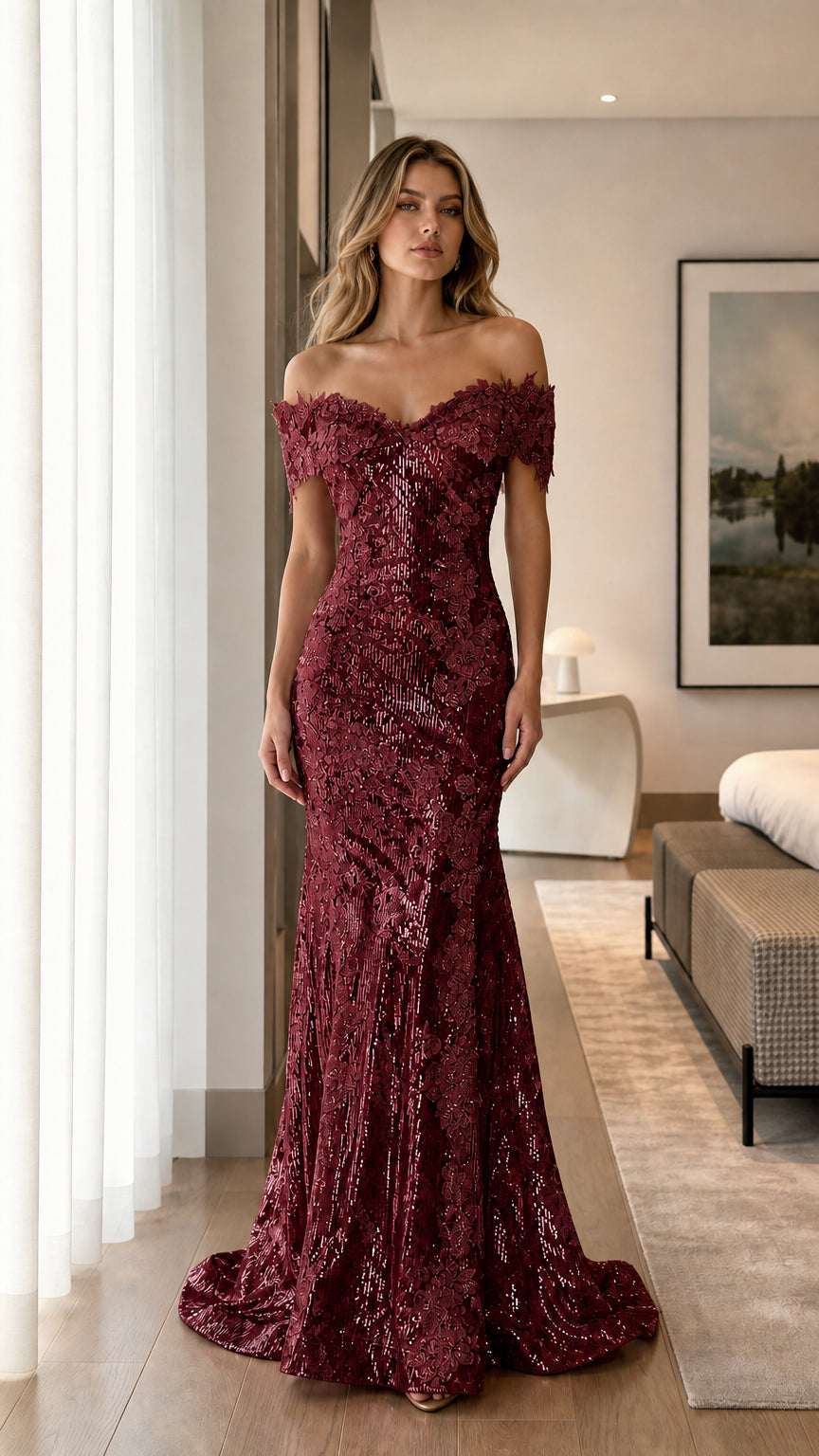 Front view of burgundy off-shoulder sequin formal gown