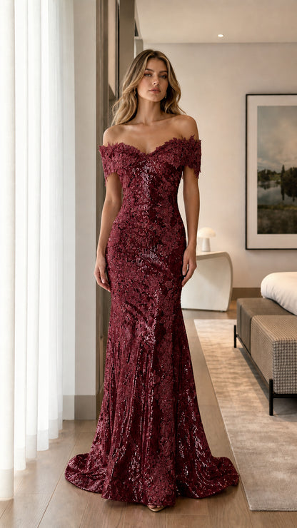 Front view of burgundy off-shoulder sequin formal gown