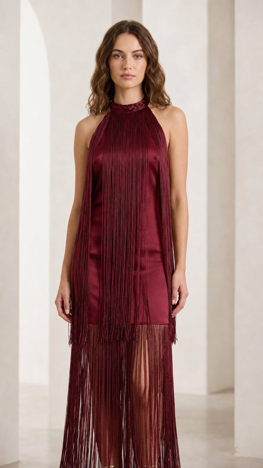 Front view of burgundy color variant of fringe maxi dress