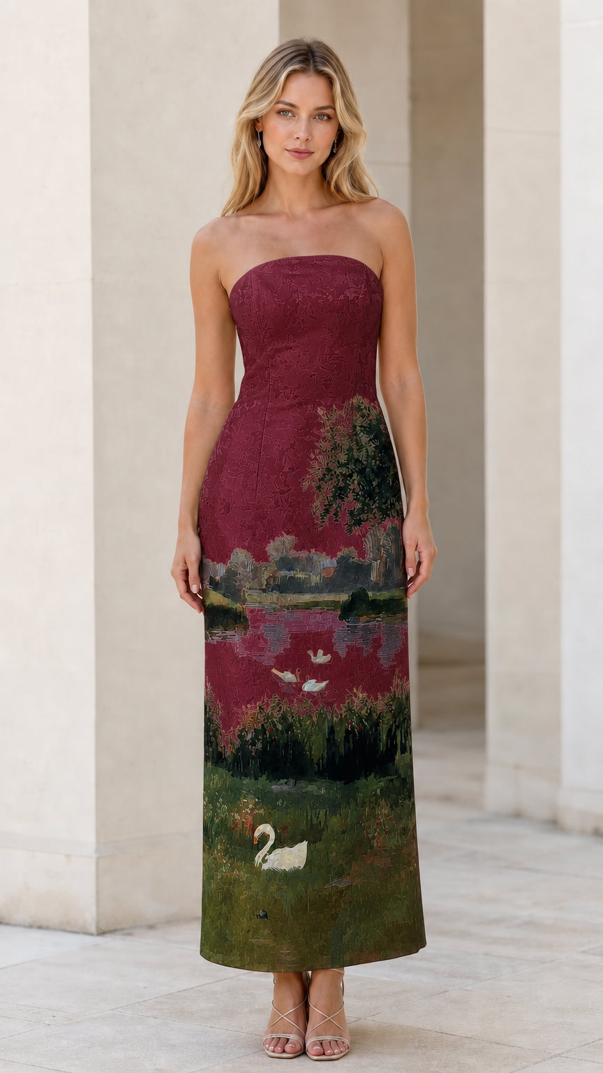 Model wearing burgundy landscape strapless maxi dress