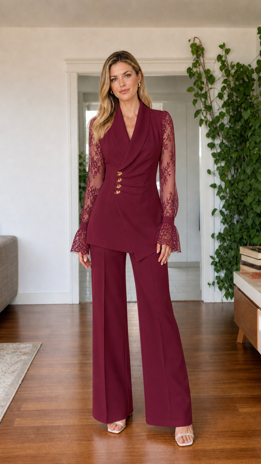 Model wearing burgundy red wrap blazer and wide-leg pantsuit set